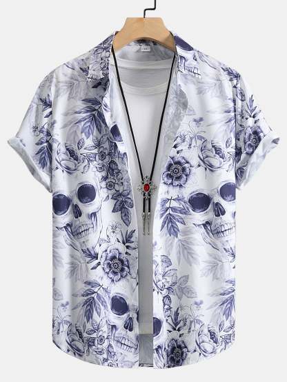 Skull Floral Print Button Up Shirt-Mitchell Shoes
