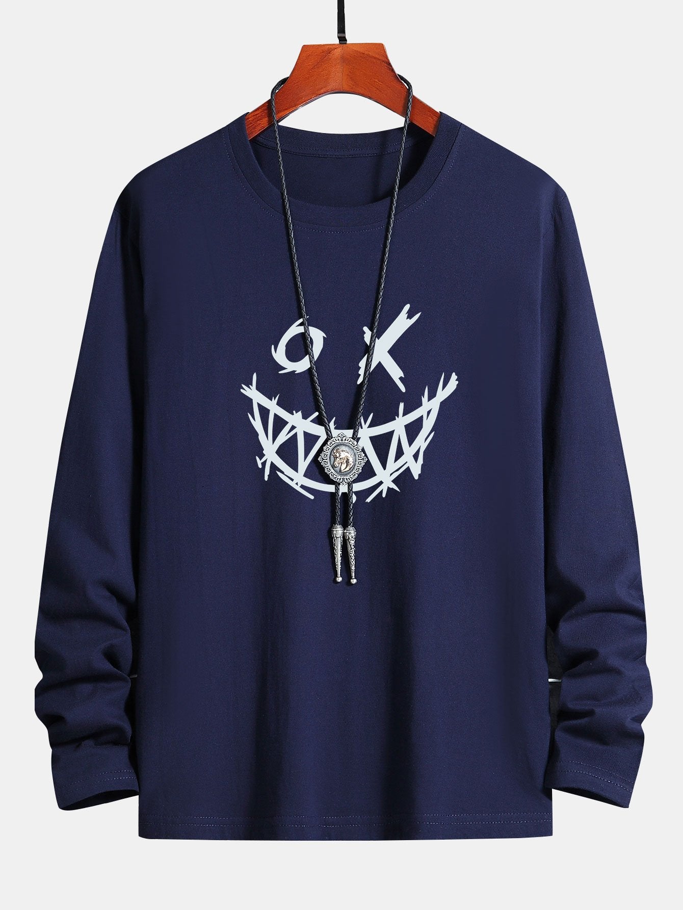 Long Sleeve Scary Face Print Cotton T-Shirt-Mitchell Shoes