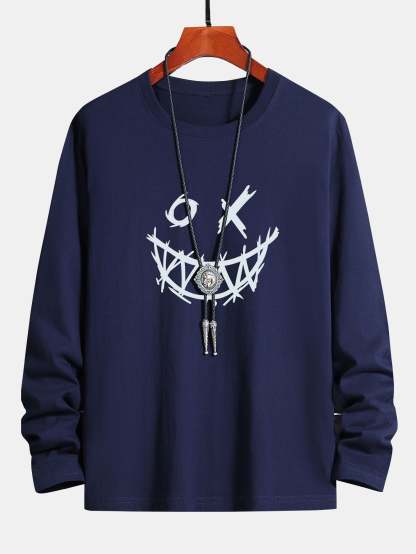 Long Sleeve Scary Face Print Cotton T-Shirt-Mitchell Shoes