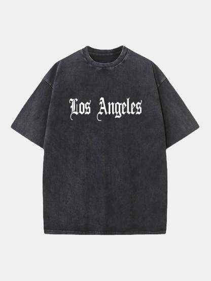 Los Angeles Gothic Print Washed Distressed Drop Shoulder T-Shirt-Mitchell Shoes