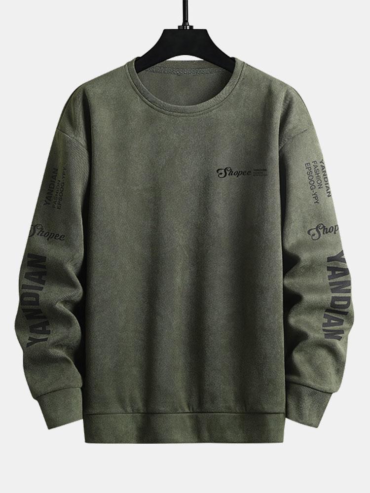 Letter Print Suede Crew Neck Sweatshirt-Mitchell Shoes