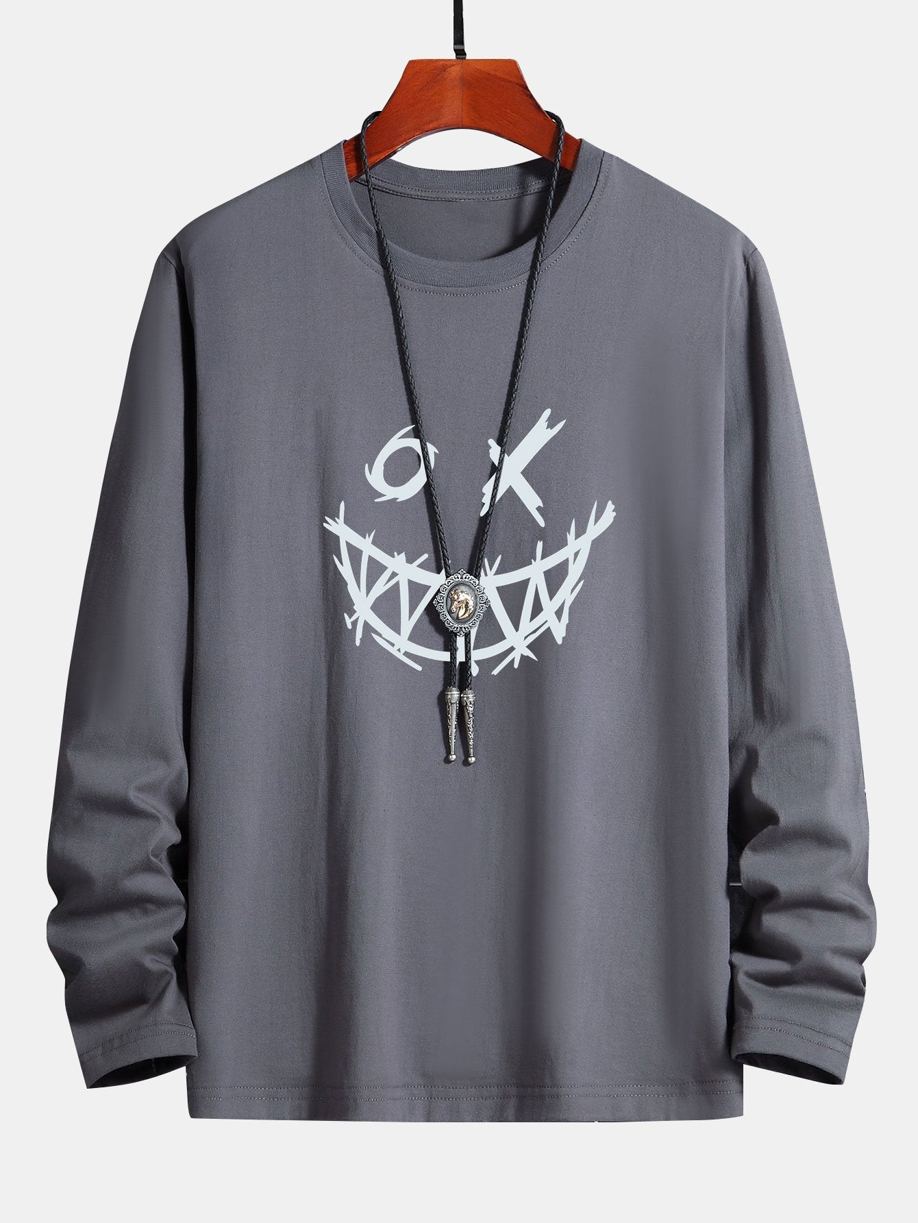Long Sleeve Scary Face Print Cotton T-Shirt-Mitchell Shoes