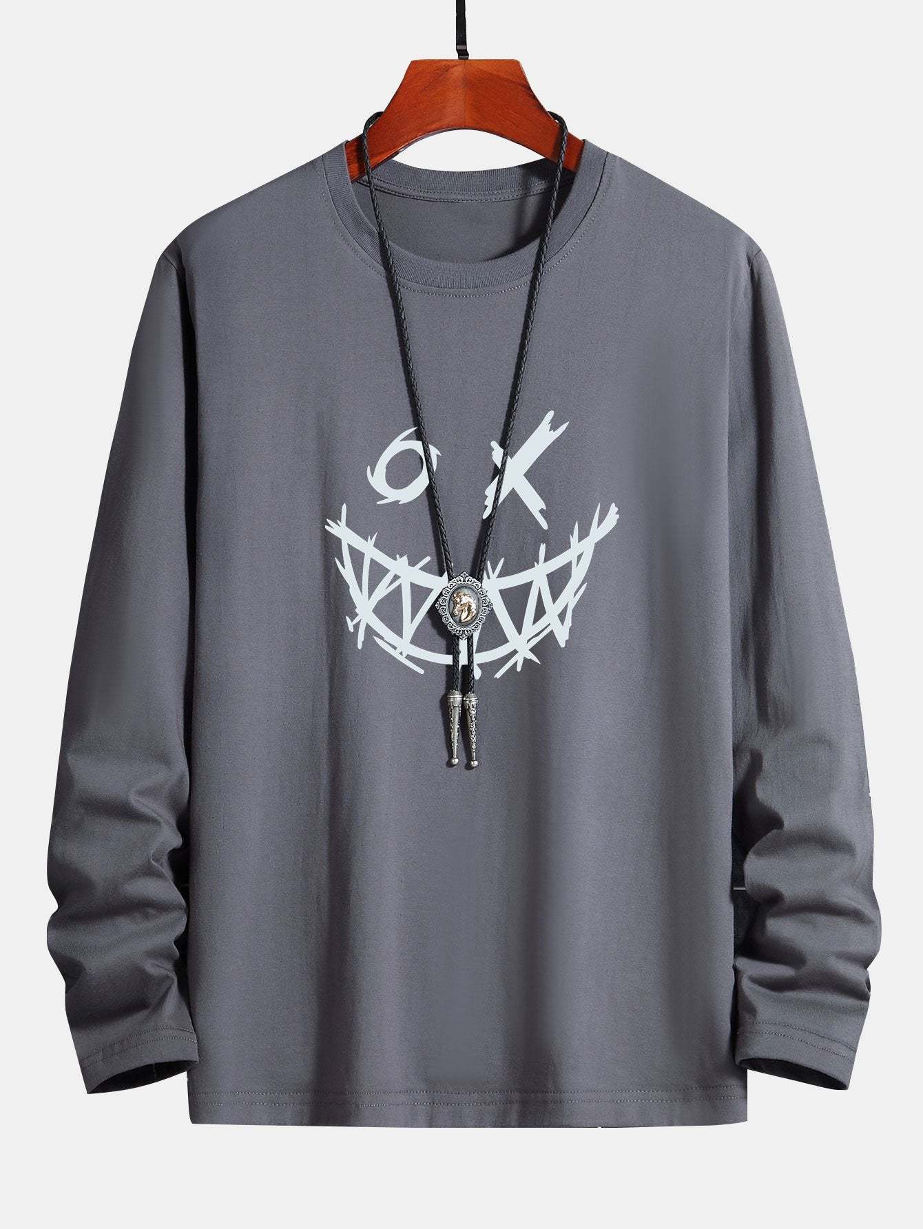 Long Sleeve Scary Face Print Cotton T-Shirt-Mitchell Shoes