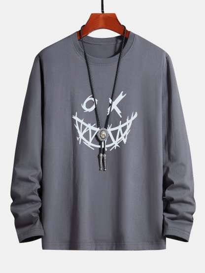 Long Sleeve Scary Face Print Cotton T-Shirt-Mitchell Shoes