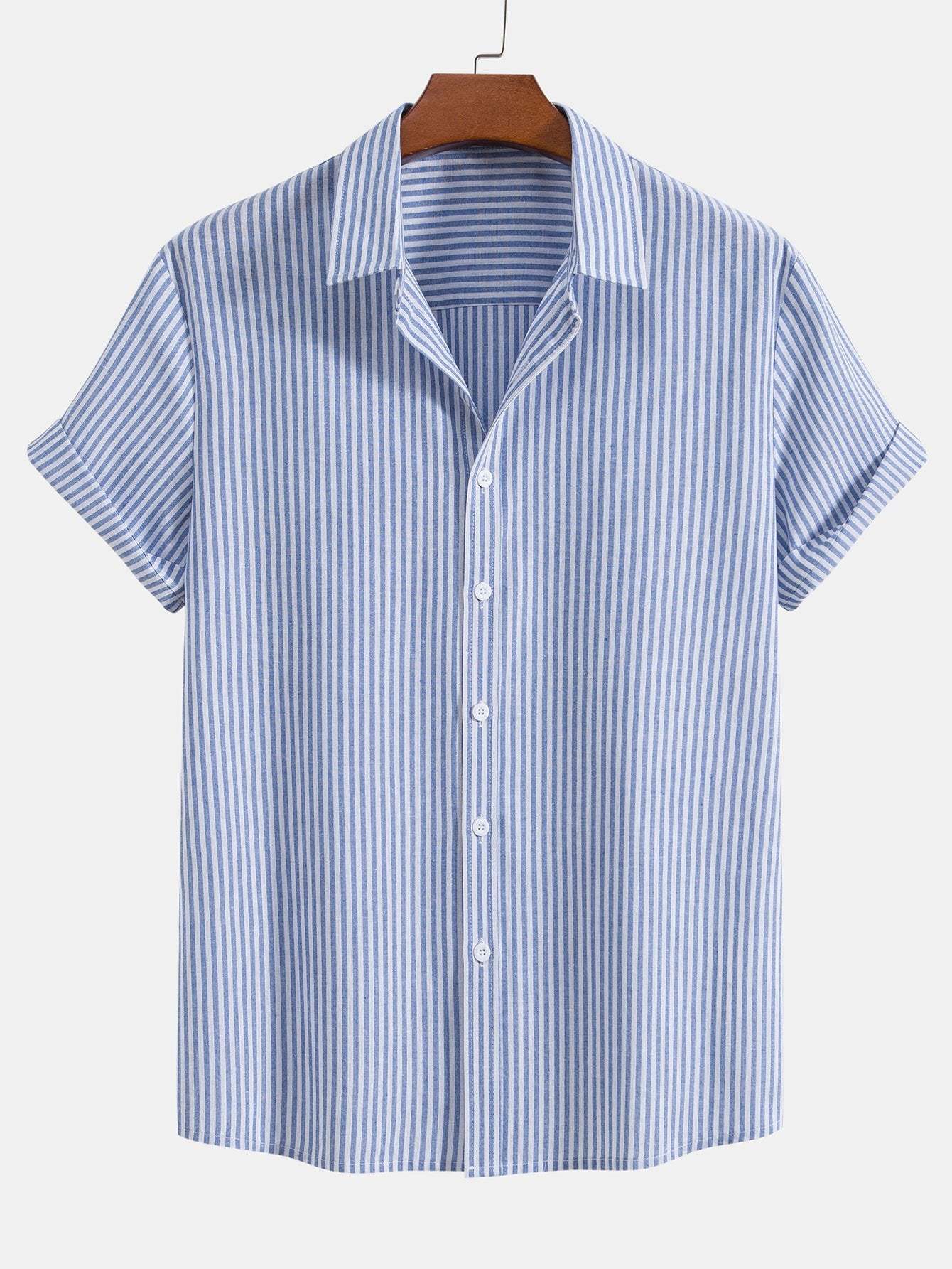 Short Sleeve Cotton Blend Striped Button Up Shirt-Mitchell Shoes