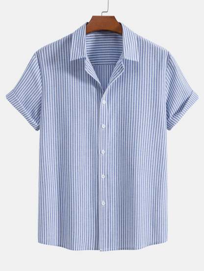 Short Sleeve Cotton Blend Striped Button Up Shirt-Mitchell Shoes