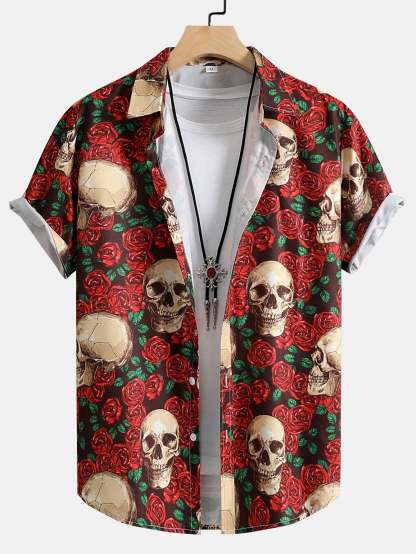 Skull Rose Print Button Up Shirt-Mitchell Shoes