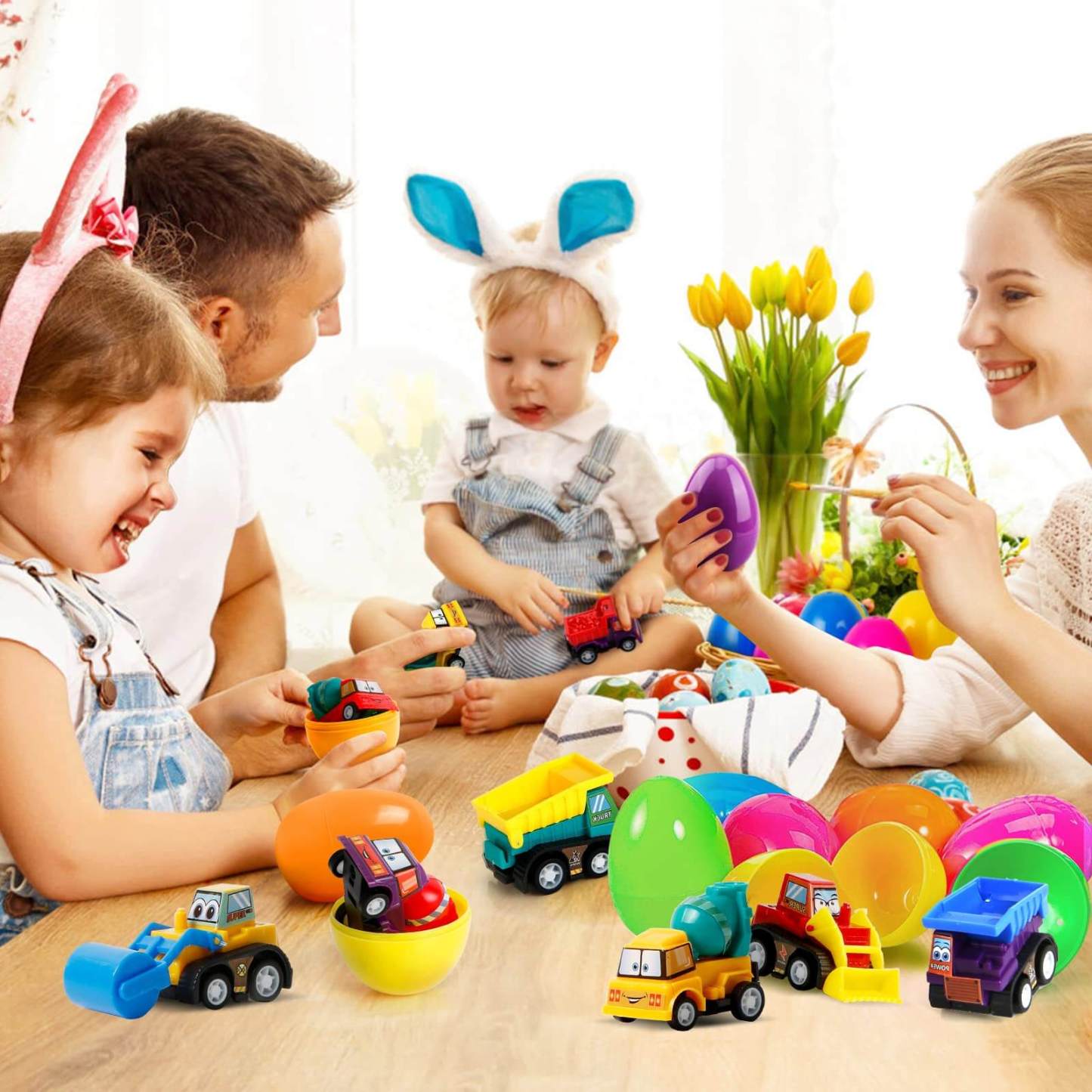 Easter Eggs Filled With Pullback Construction Vehicles, Cute Animals, Dinosaurs, Jewelry pieces