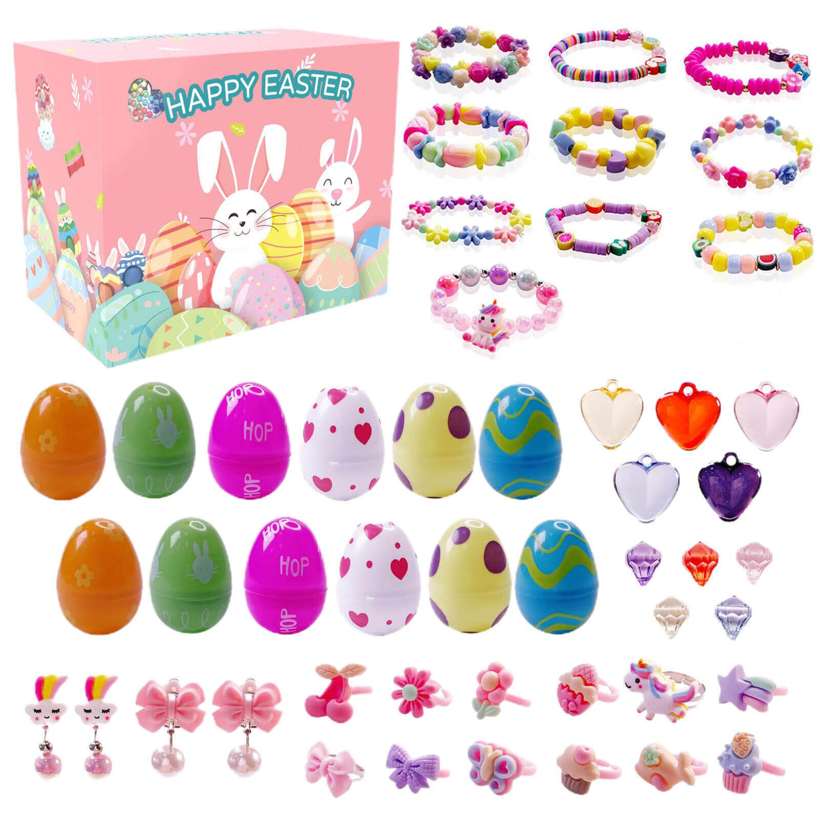 Easter Eggs Filled With Pullback Construction Vehicles, Cute Animals, Dinosaurs, Jewelry pieces
