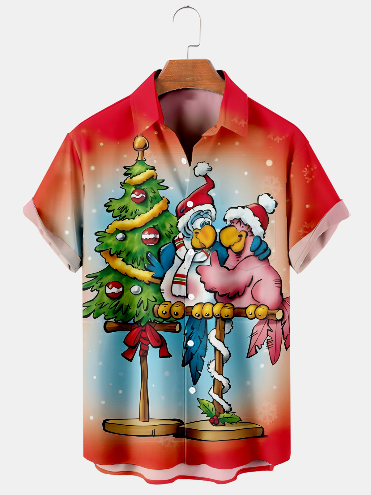 Christmas Parrot Chest Pocket Short Sleeve Casual Shirt