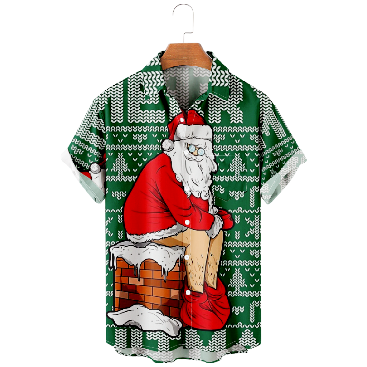 Santa Claus on the Chimney Chest Pocket Short Sleeve Casual Shirt