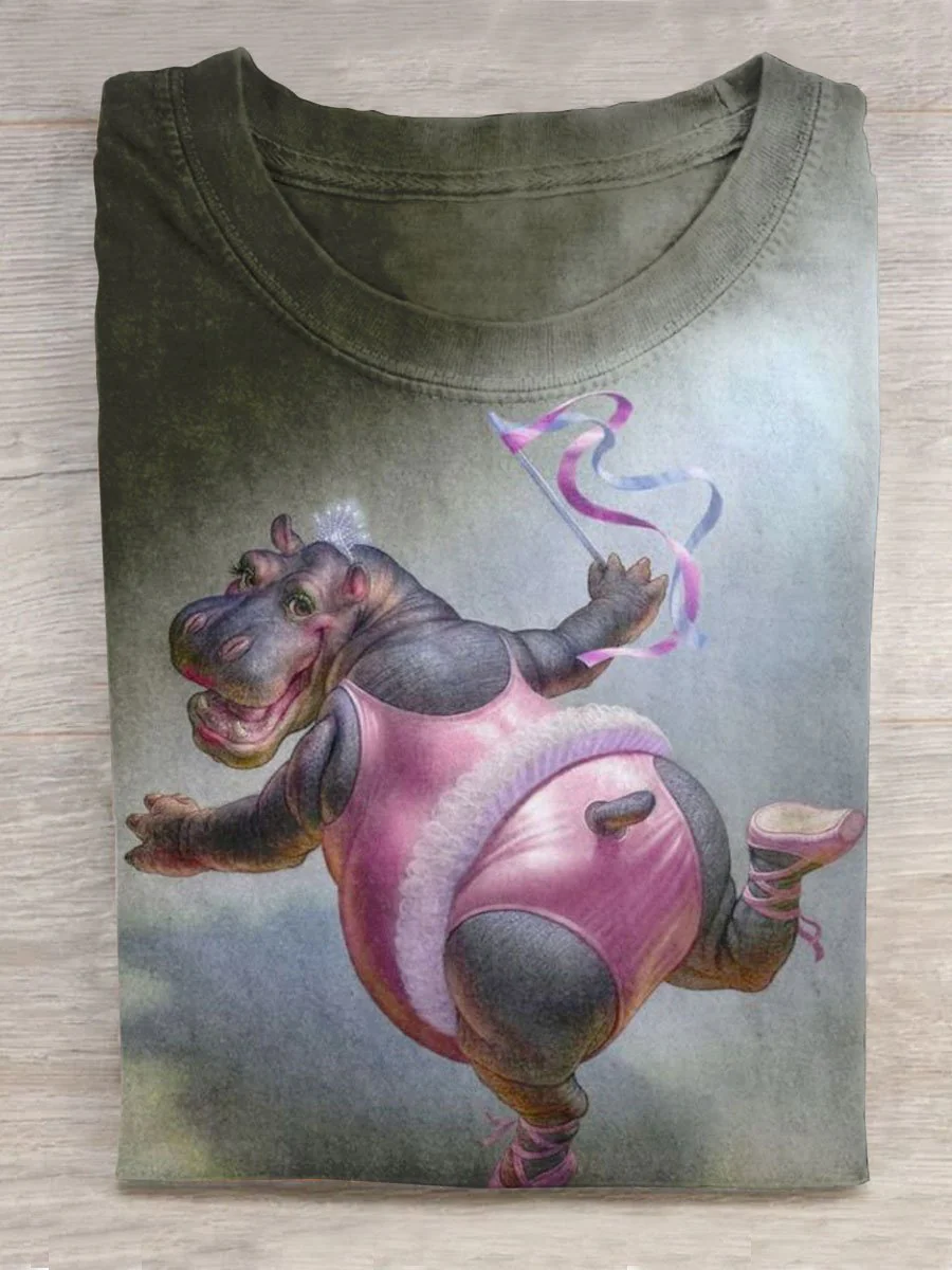Funny Hippo Art Pattern Print Casual T-Shirt