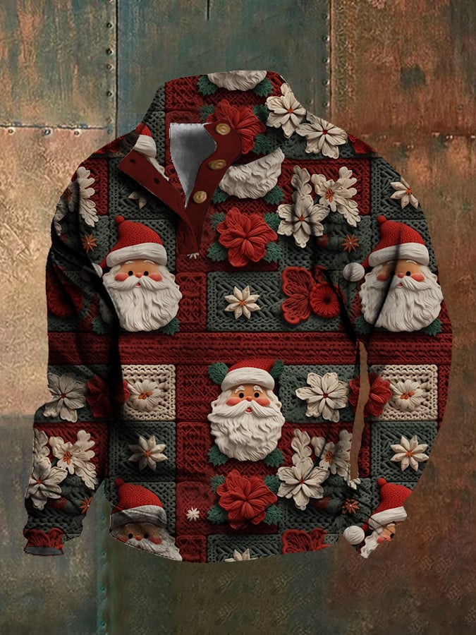 Christmas Print Stand Collar Button Down Men's Sweatshirt