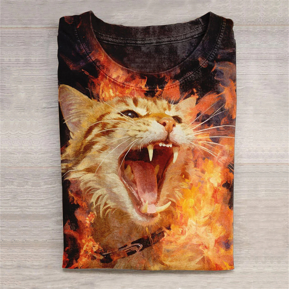 Cute Fierce Cat With Fire Art Print Casual T-Shirt