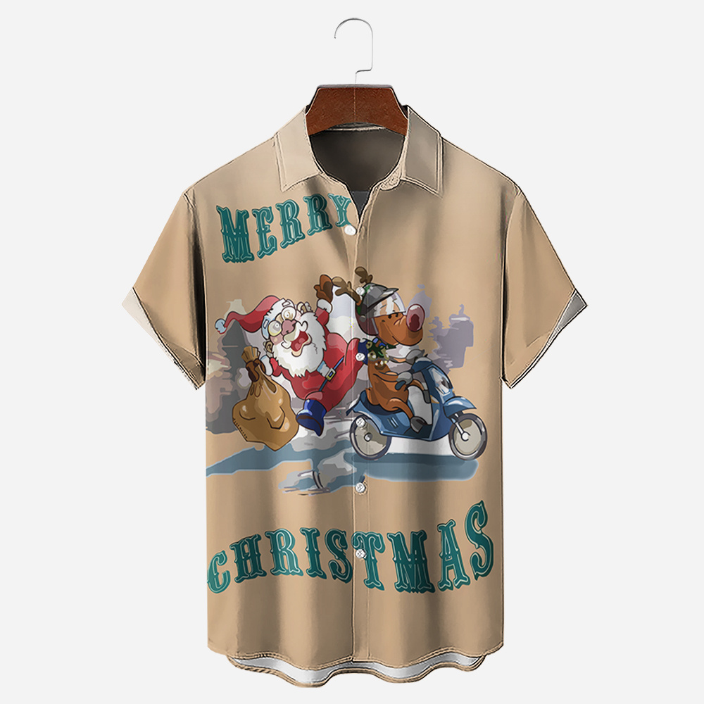 Cute Santa Reindeer Print Short Sleeve Shirt