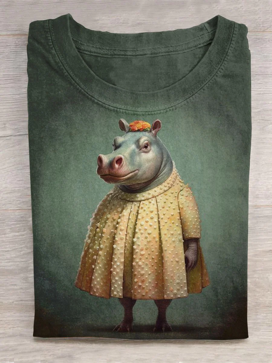 Funny Hippo Art Pattern Print Casual T-Shirt