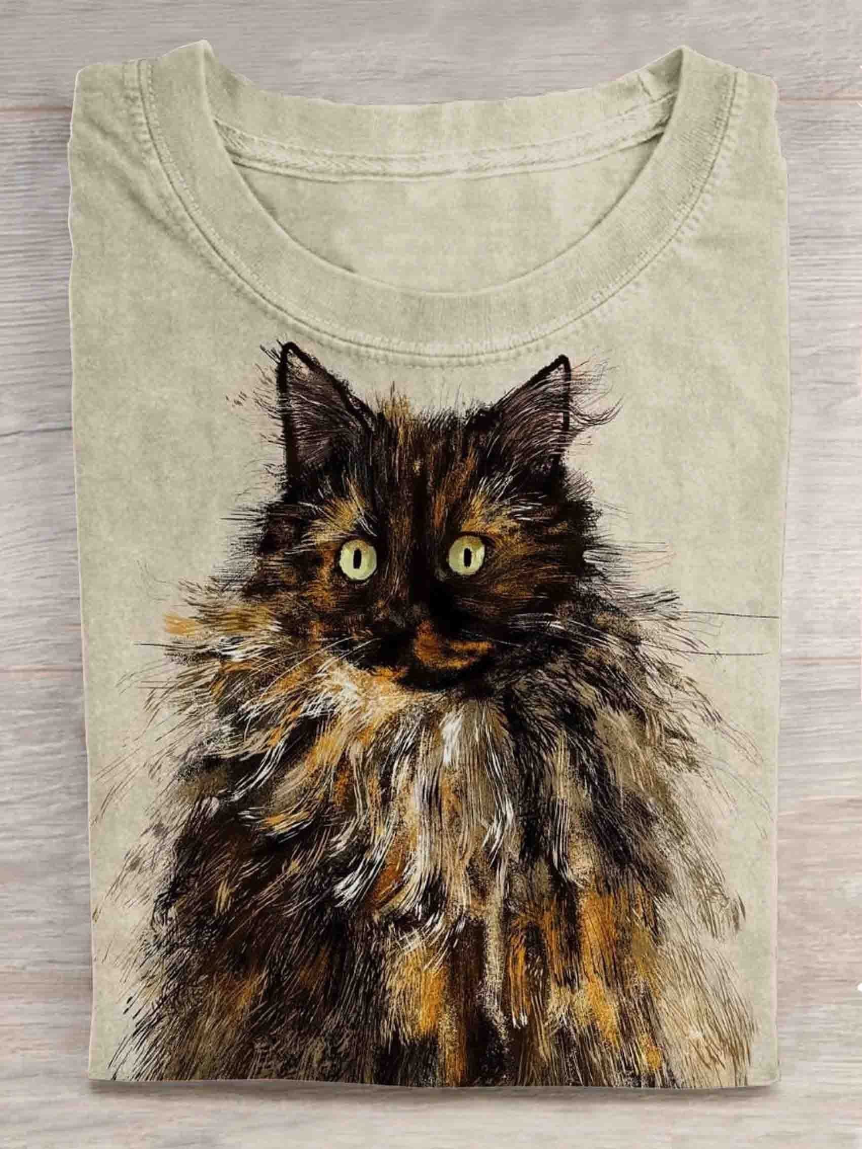 Halloween Brown Cat Art Print Casual T-Shirt - Solid