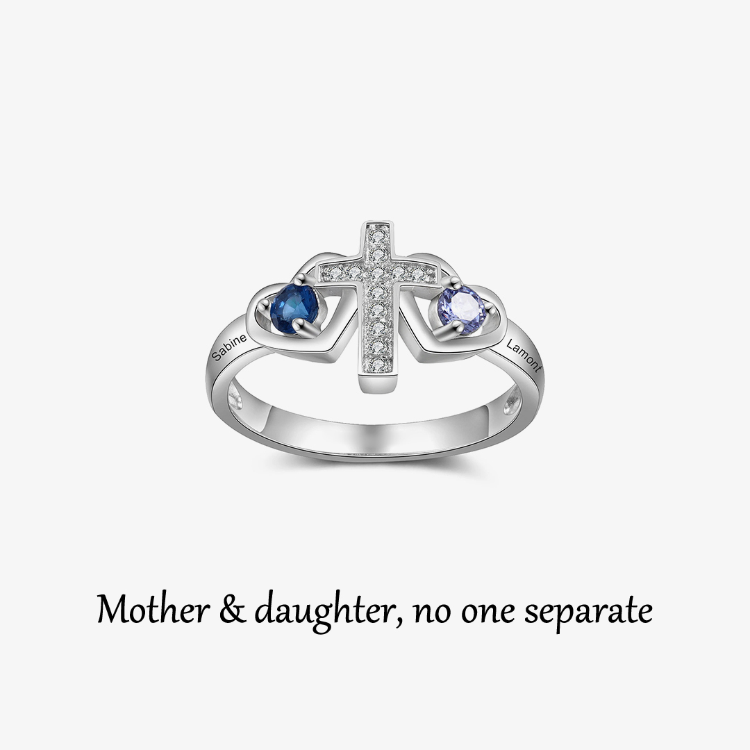 Mother & Daughter Custom Names & Birthstones Cross Ring