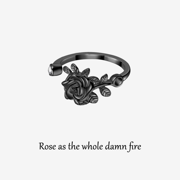 Burned and Survived Engraved Black Rose Open Ring