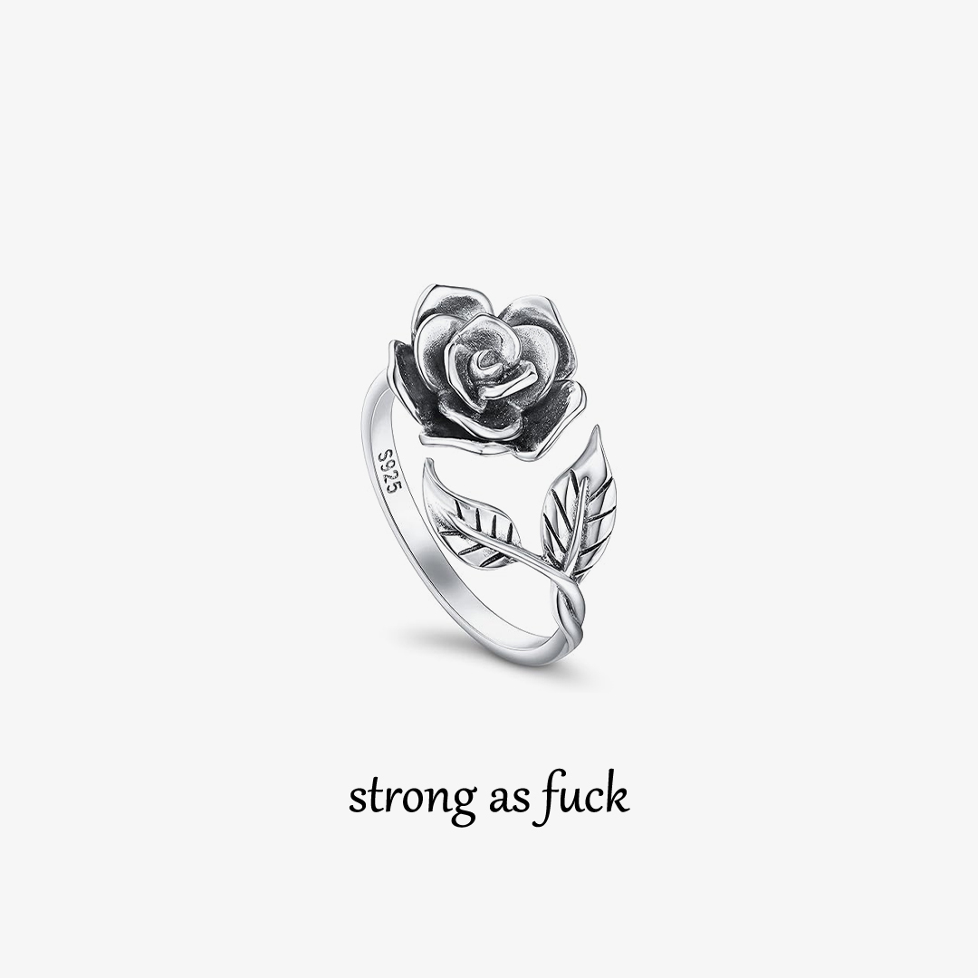 Strong As Fuck Black Rose & Leaf Open Ring