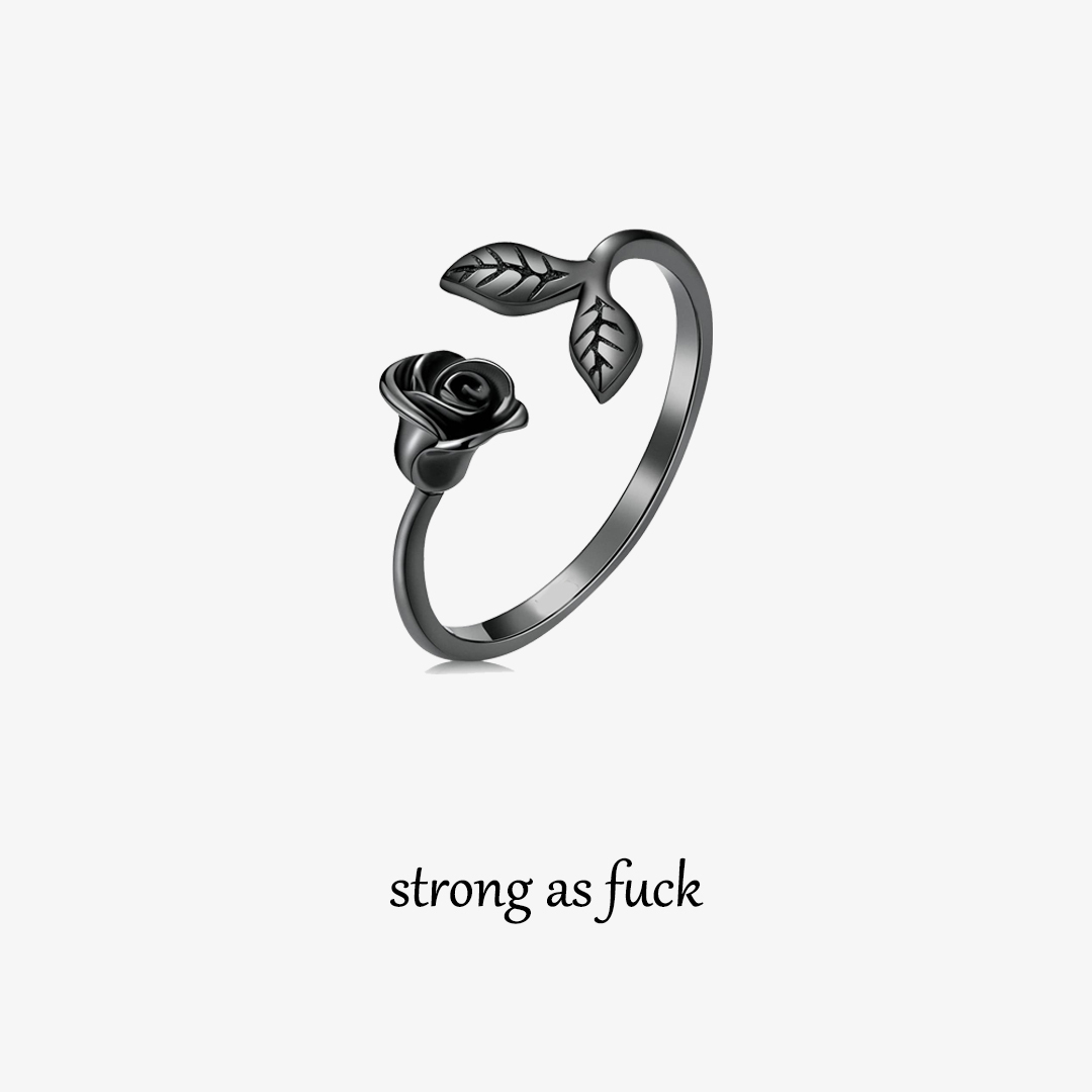 Strong As Fuck Black Rose & Leaf Open Ring