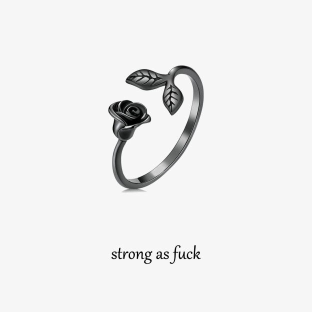 Strong As Fuck Black Rose & Leaf Open Ring