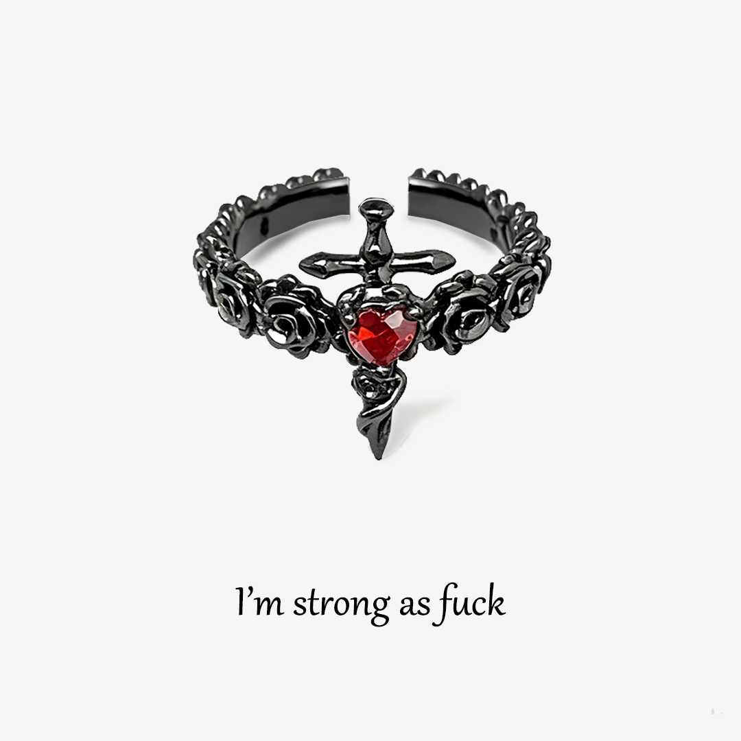 I’m Strong as Fuck-Black Rose Heart Sword Open Ring
