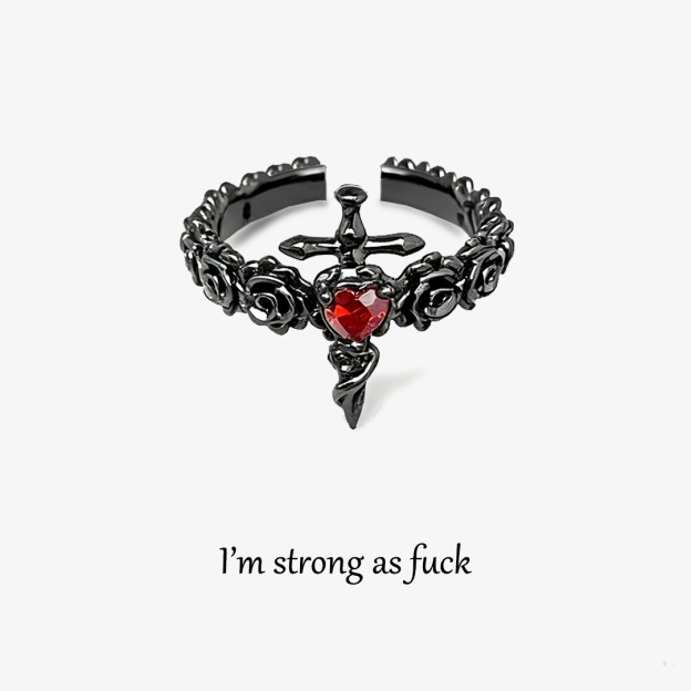 I’m Strong as Fuck-Black Rose Heart Sword Open Ring