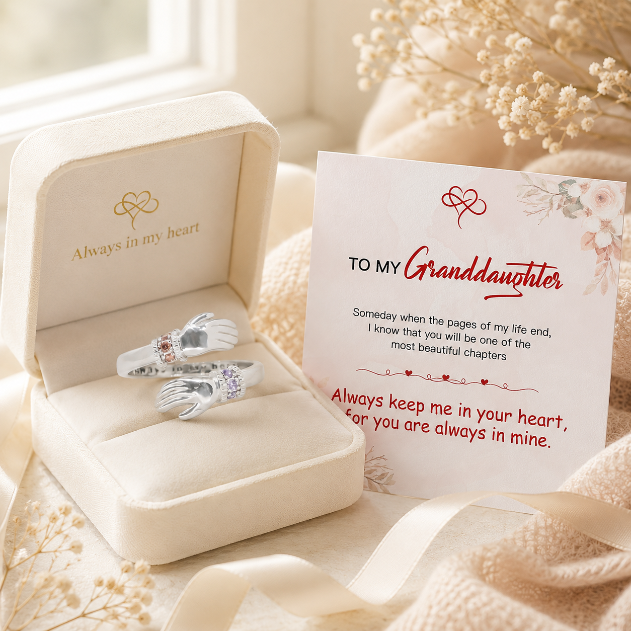 【 🎁SAVE 50%】For Granddaughter - Always Keep Me In Your Heart Custom Birthstone Hug adjustable Ring