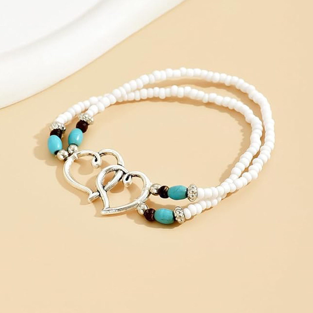 Double Layer Beaded Turquoise Heart Ankle Bracelet