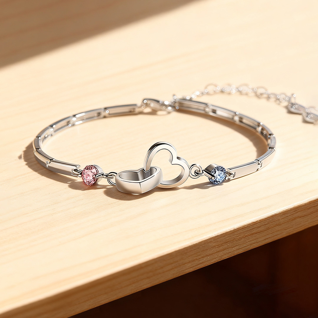 S925 Mother & Daughter Forever Linked Together Custom Birthstone Double Heart Bracelet