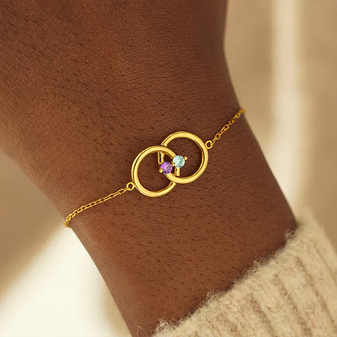 Mother & Daughter Linked From the Heart Two Birthstones Interlocking Bracelet