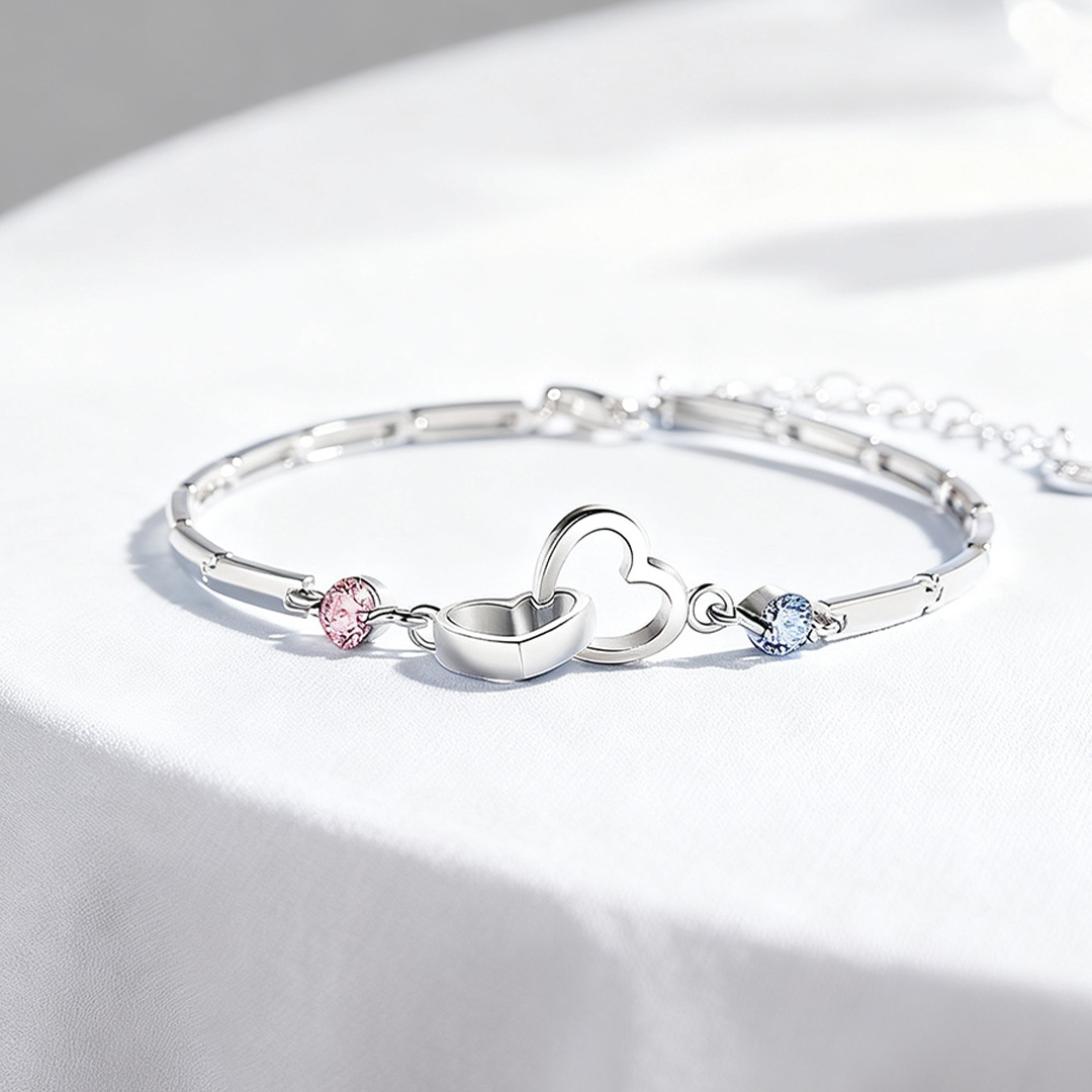 S925 Mother & Daughter Forever Linked Together Custom Birthstone Double Heart Bracelet