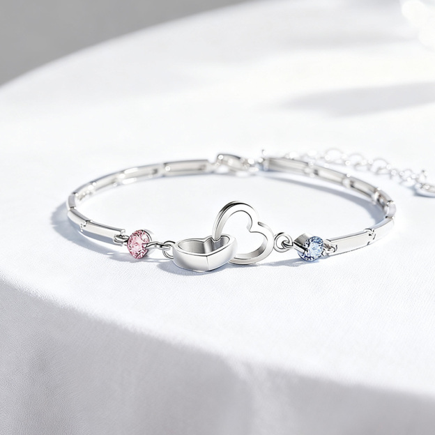 S925 Mother & Daughter Forever Linked Together Custom Birthstone Double Heart Bracelet