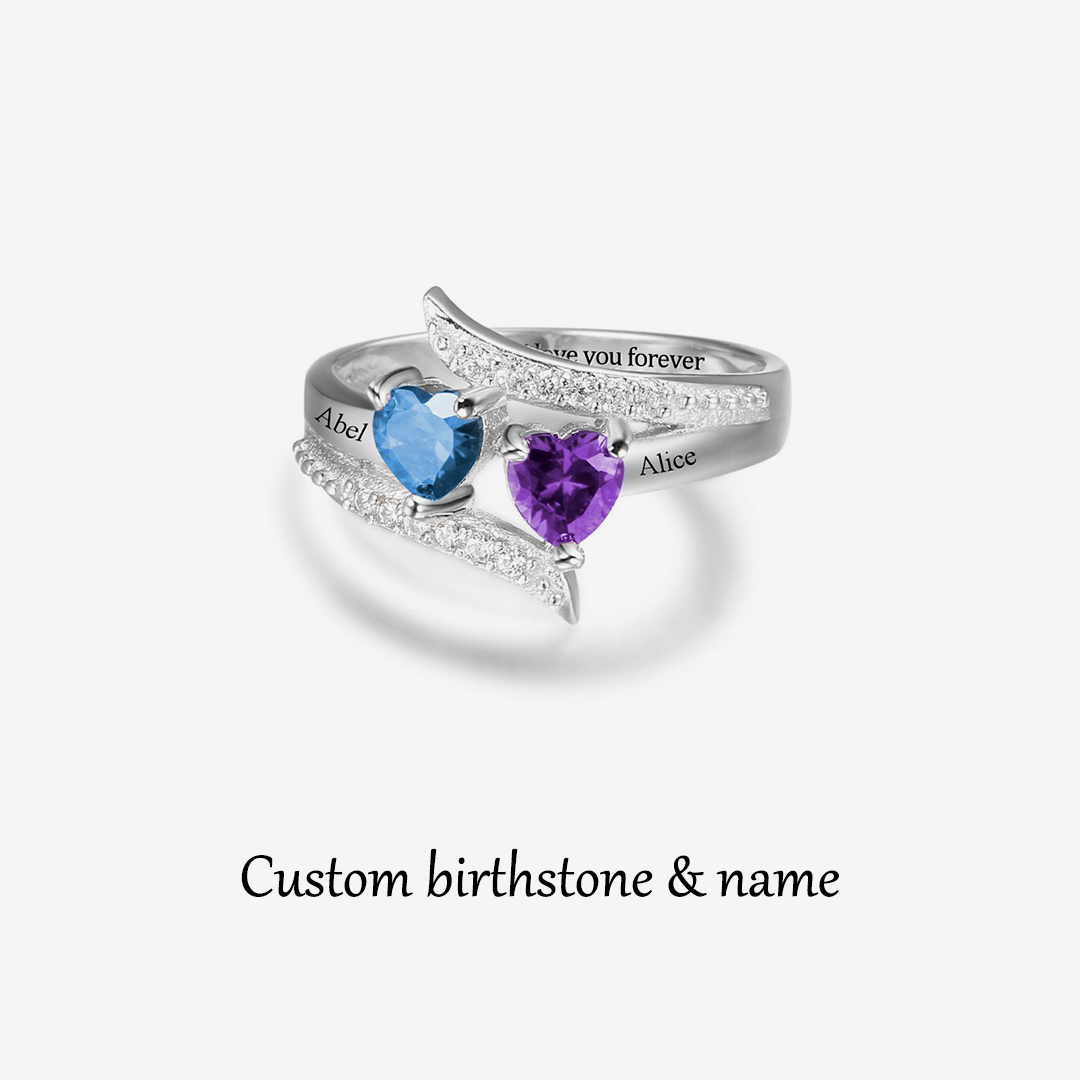 For Mother/Daughter - Heart Personalized Birthstones & Name Ring