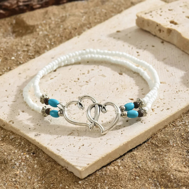 Double Layer Beaded Turquoise Heart Ankle Bracelet