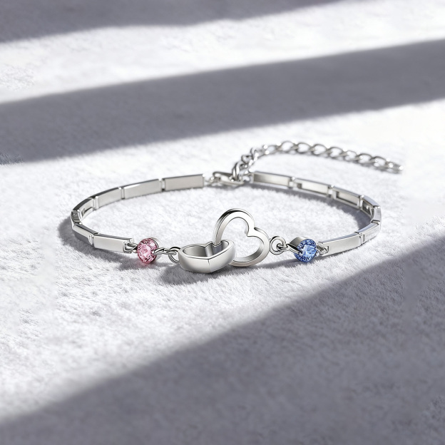 S925 Mother & Daughter Forever Linked Together Custom Birthstone Double Heart Bracelet