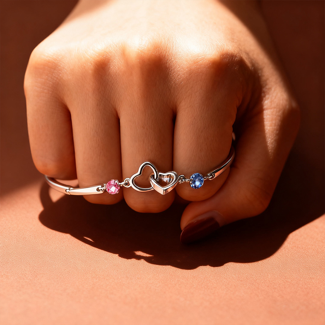 S925 Mother & Daughter Forever Linked Together Custom Birthstone Double Heart Bracelet