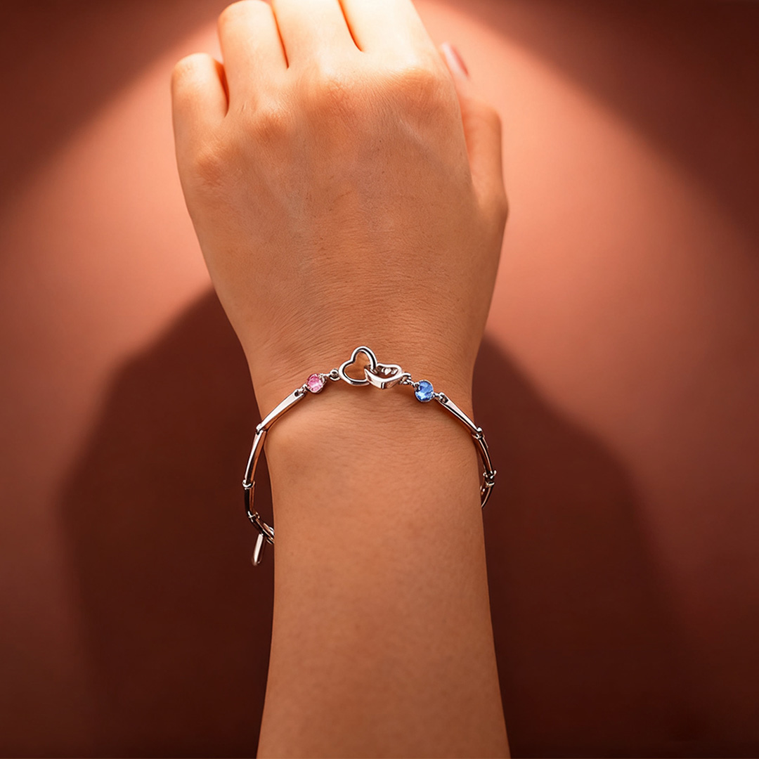 S925 Mother & Daughter Forever Linked Together Custom Birthstone Double Heart Bracelet
