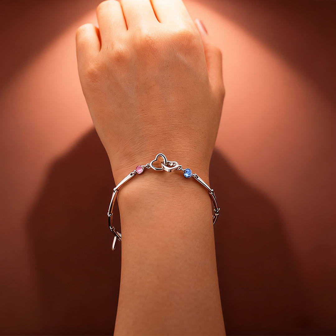 S925 Mother & Daughter Forever Linked Together Custom Birthstone Double Heart Bracelet