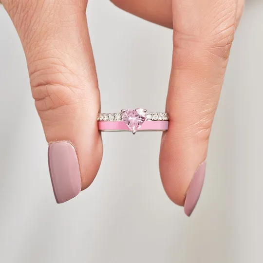 S925 Raise Confidence I Am Enough Pink Enamel Heart Ring