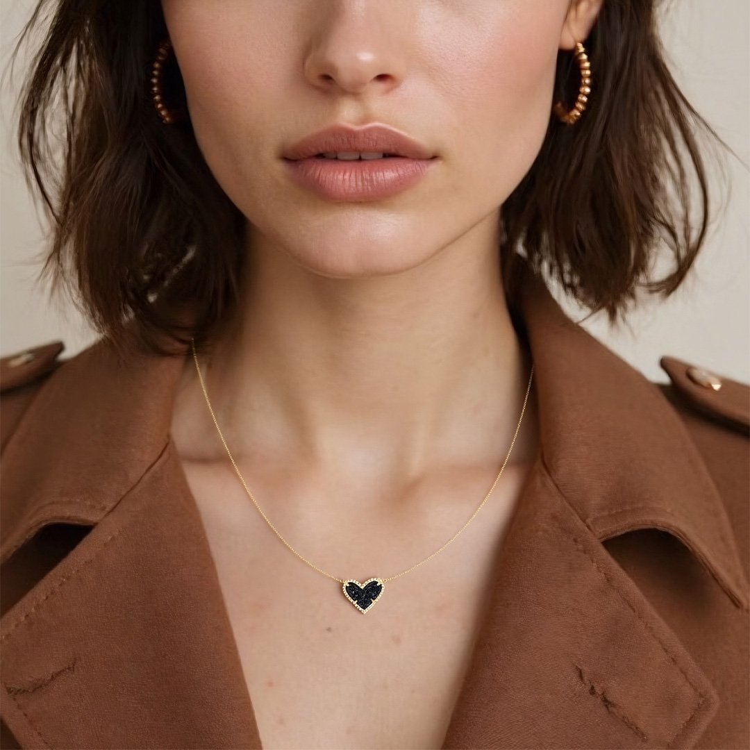 For Self -Self Love  Sparkling Black Diamond Heart Necklace