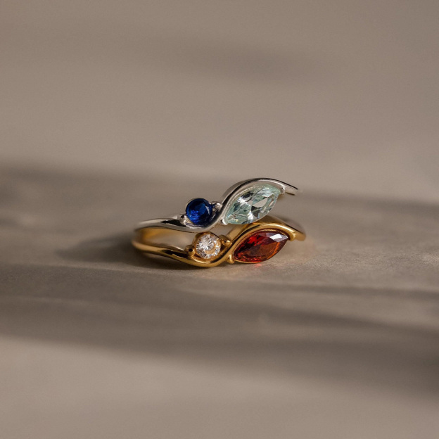 Mother & Daughter stick together Personalized Birthstone Wavy Ring