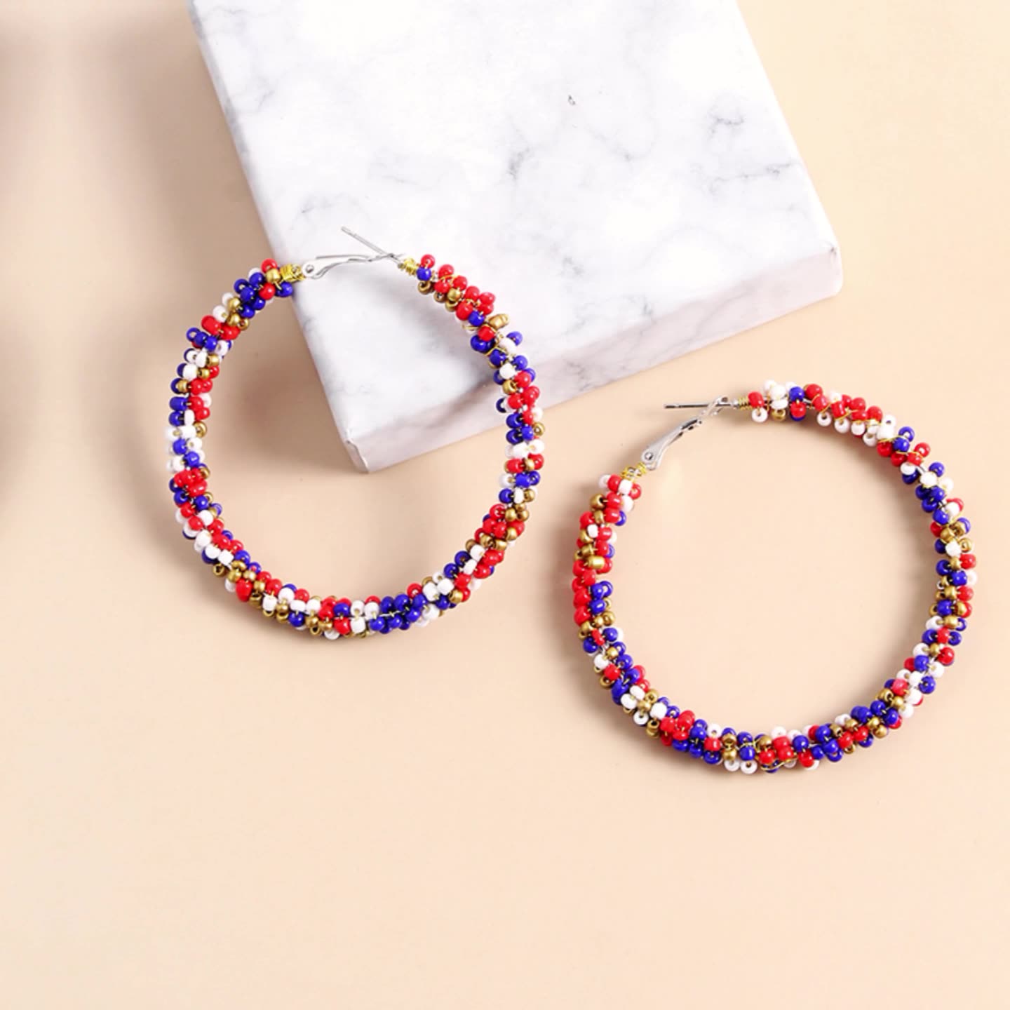 Red-Blue-White Beads Earrings