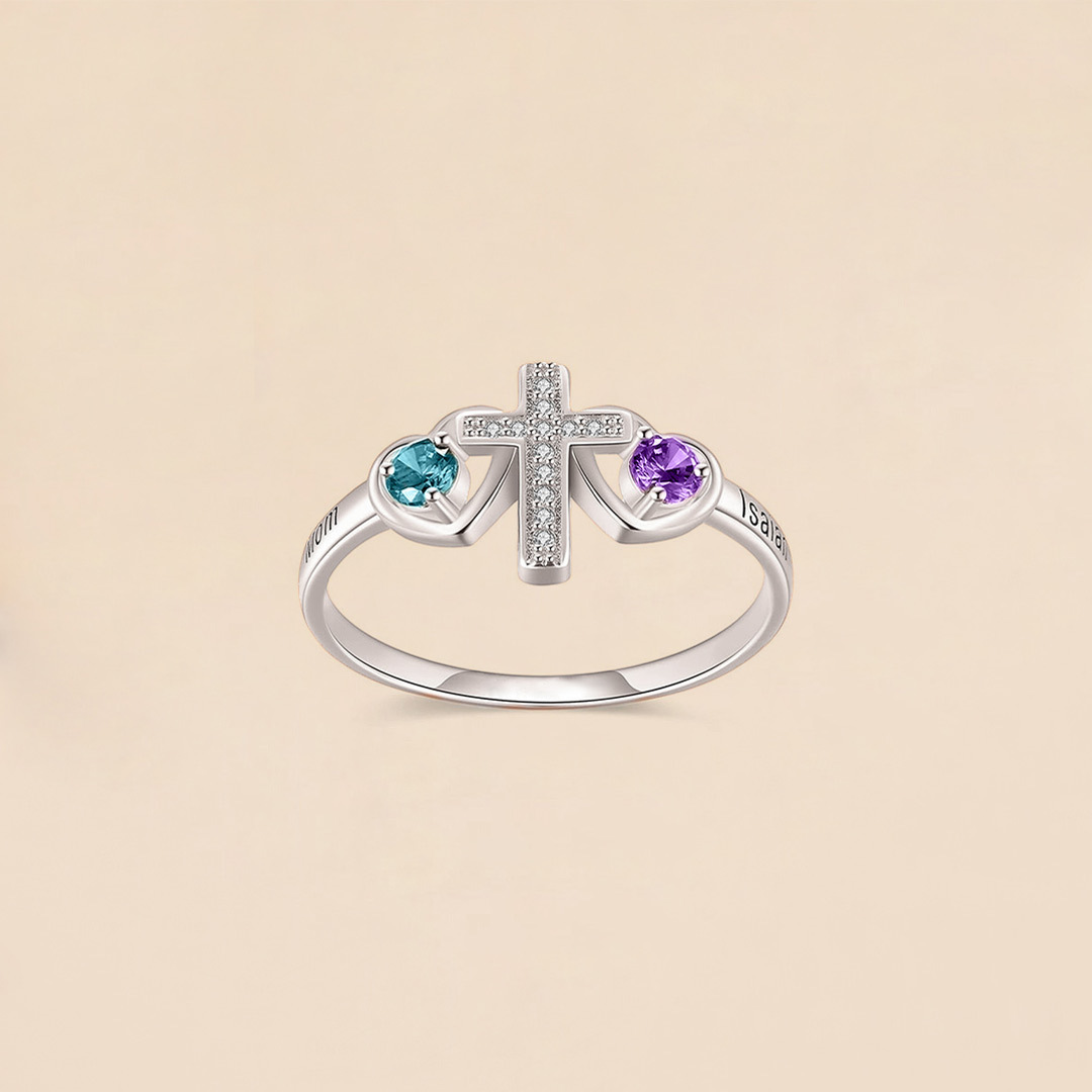Mother & Daughter Custom Names & Birthstones Cross Ring