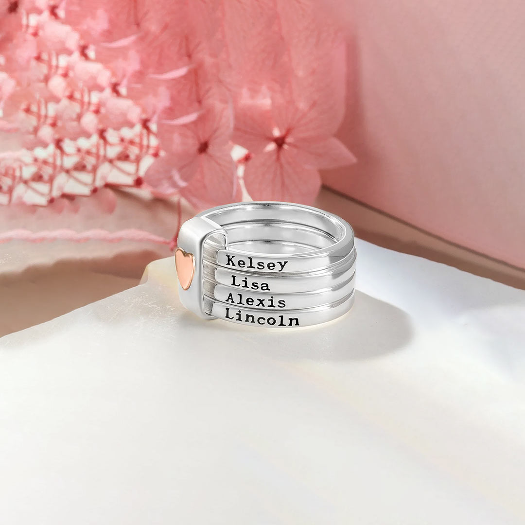For Mom Grandma-Personalized Sterling Silver Heart Women Stacking Rings