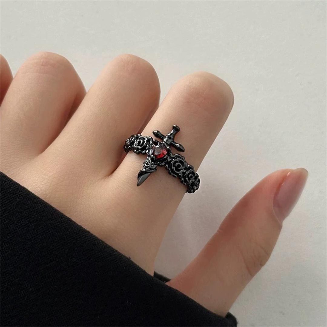 I’m Strong as Fuck-Black Rose Heart Sword Open Ring