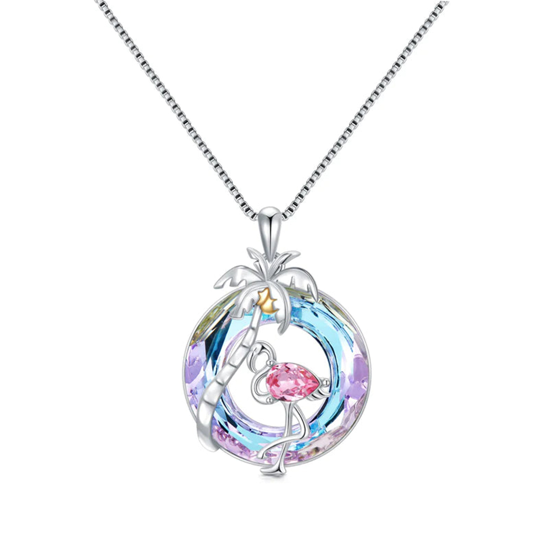 S925 Palm Tree and Flamingo Crystal Necklace