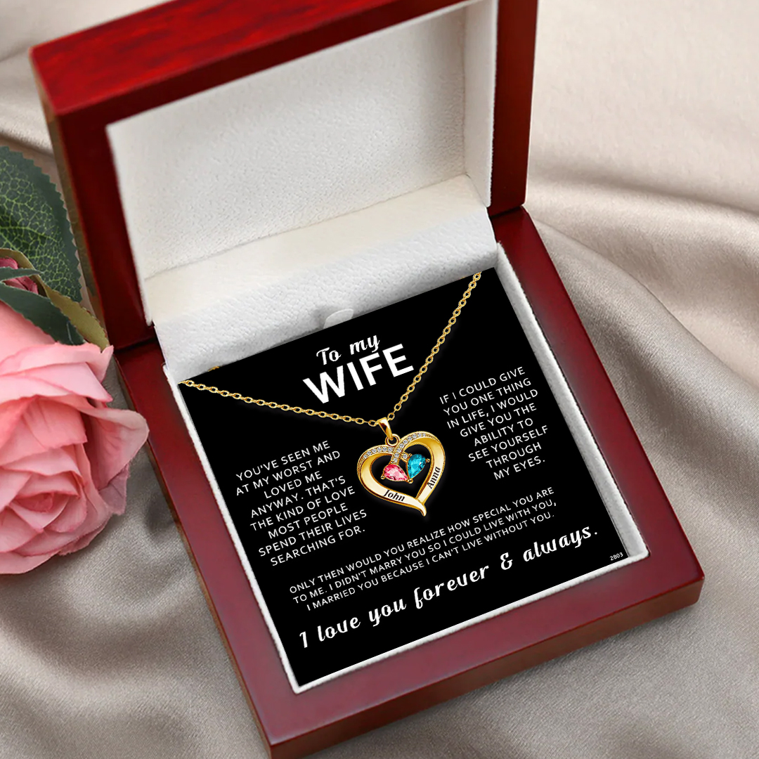For Wife - I Love You Forever & Always Customized Double Birthstones & Names Necklace