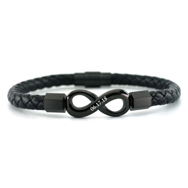 For Husband -  Personalized Special Date Infinity Leather Bracelet